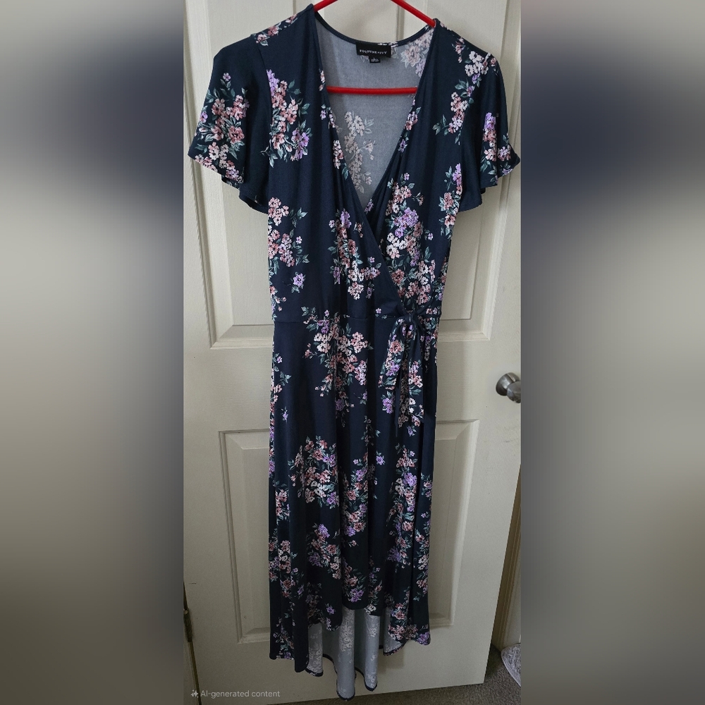 FORTUNE & IVY Floral Navy Faux Wrap Dress L (NWOT)